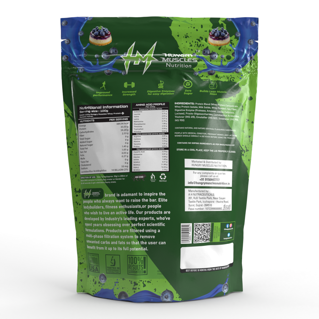 Hungry Muscles | Whey Protein+ Protein Powder | 35.03g Protein, 7.79g Bcaa's, 5.91g Glutamine | Blueberry Cheesecake | 1 kg