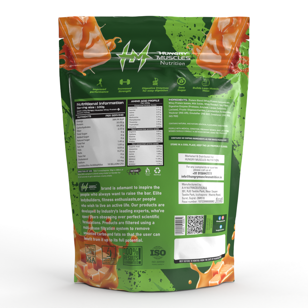Hungry Muscles | Whey Protein+ Protein Powder | 35.03g Protein, 7.79g Bcaa's, 5.91g Glutamine | Salted Caramel | 1 kg