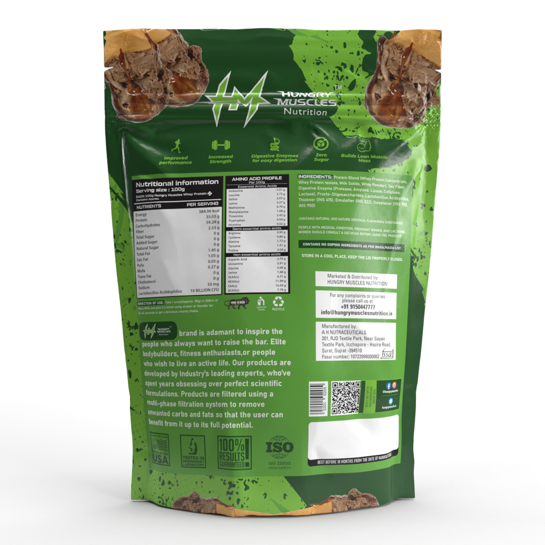 Hungry Muscles | Whey Protein+ Protein Powder | 35.03g Protein, 7.79g Bcaa's, 5.91g Glutamine | Chocolate Ice-Cream | 1 kg