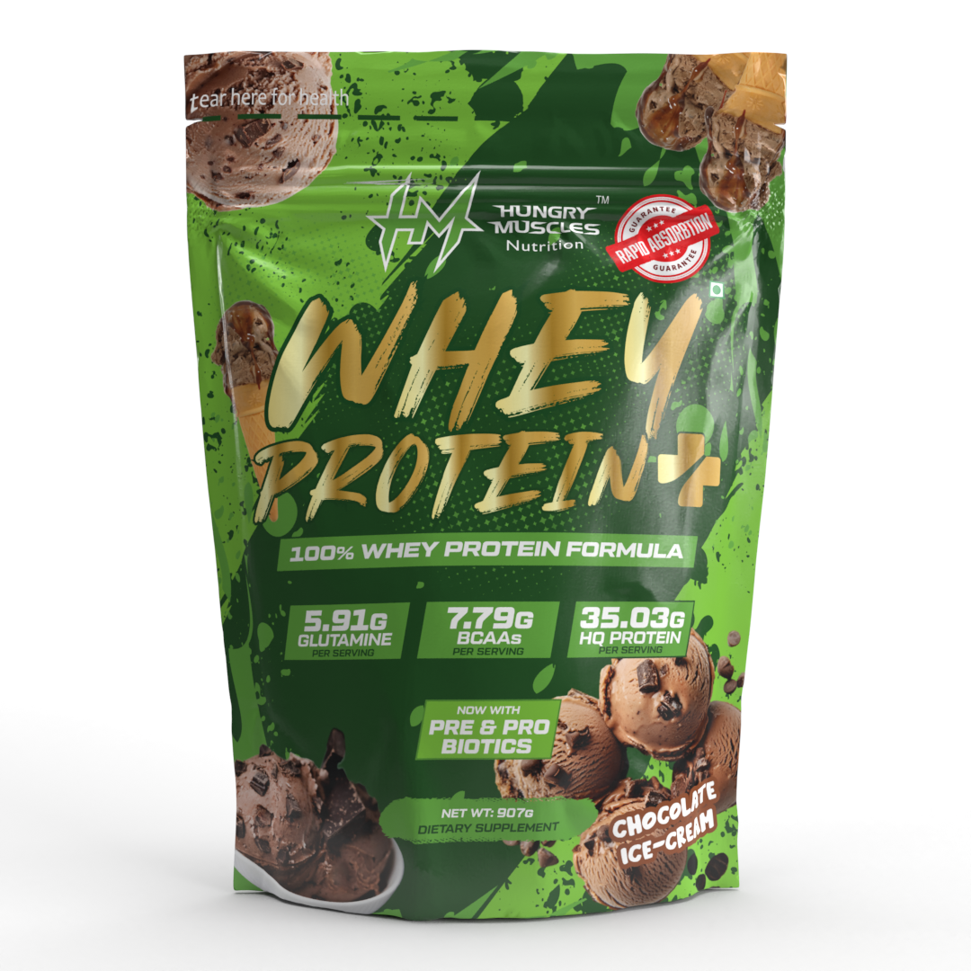 Hungry Muscles | Whey Protein+ Protein Powder | 35.03g Protein, 7.79g Bcaa's, 5.91g Glutamine | Chocolate Ice-Cream | 1 kg