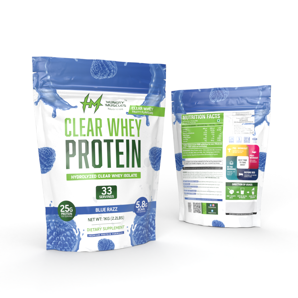 Hungry Muscles| Clear Whey Protein Isolate | 25g Protein, 92 Calories, Per Scoop | Zero Added Sugar | Blue Razz | 33 Servings | 1KG