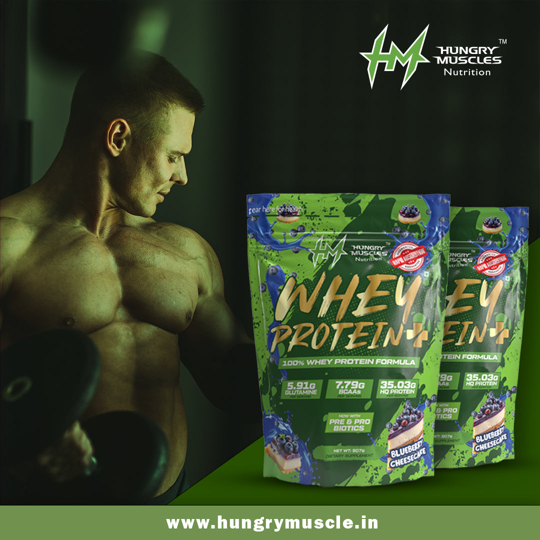 Hungry Muscles | Whey Protein+ Protein Powder | 35.03g Protein, 7.79g Bcaa's, 5.91g Glutamine | Blueberry Cheesecake | 1 kg