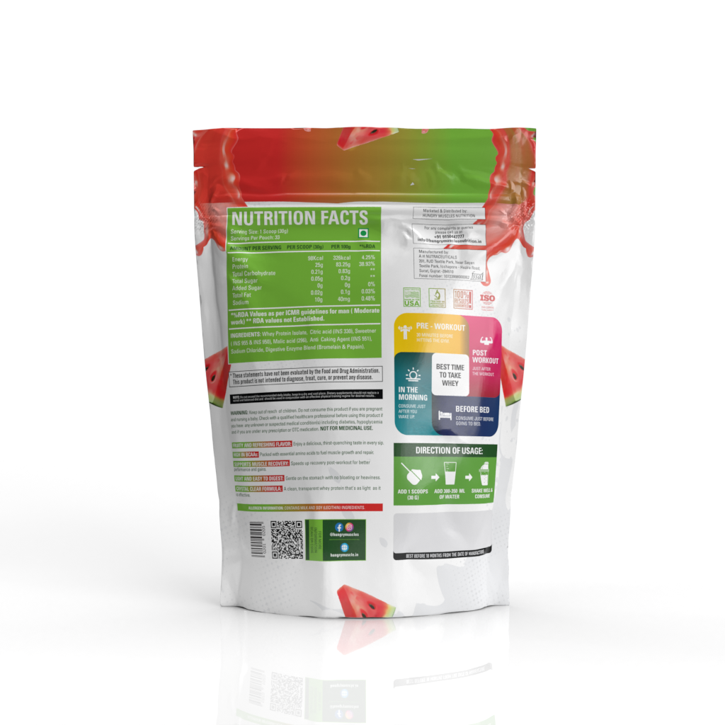 Hungry Muscles| Clear Whey Protein Isolate | 25g Protein, 92 Calories Per Scoop | Zero Added Sugar | Watermelon Splash | 33 Servings | 1KG