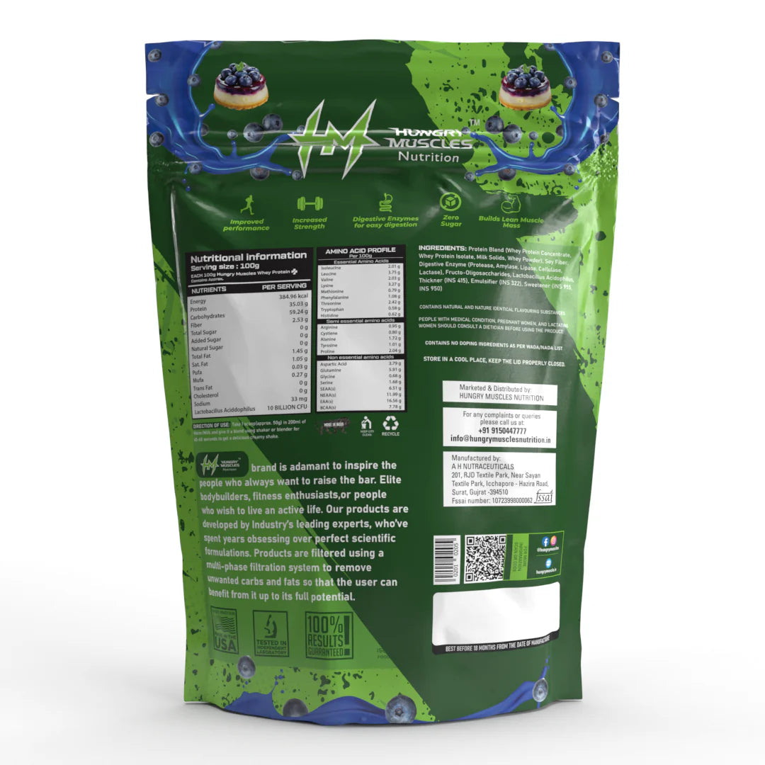 Hungry Muscles | Whey Protein+ Protein Powder | 35.03g Protein, 7.79g Bcaa's, 5.91g Glutamine | 1 kg | Blueberry Cheesecake  | Chocolate Ice-Cream | Salted Caramel