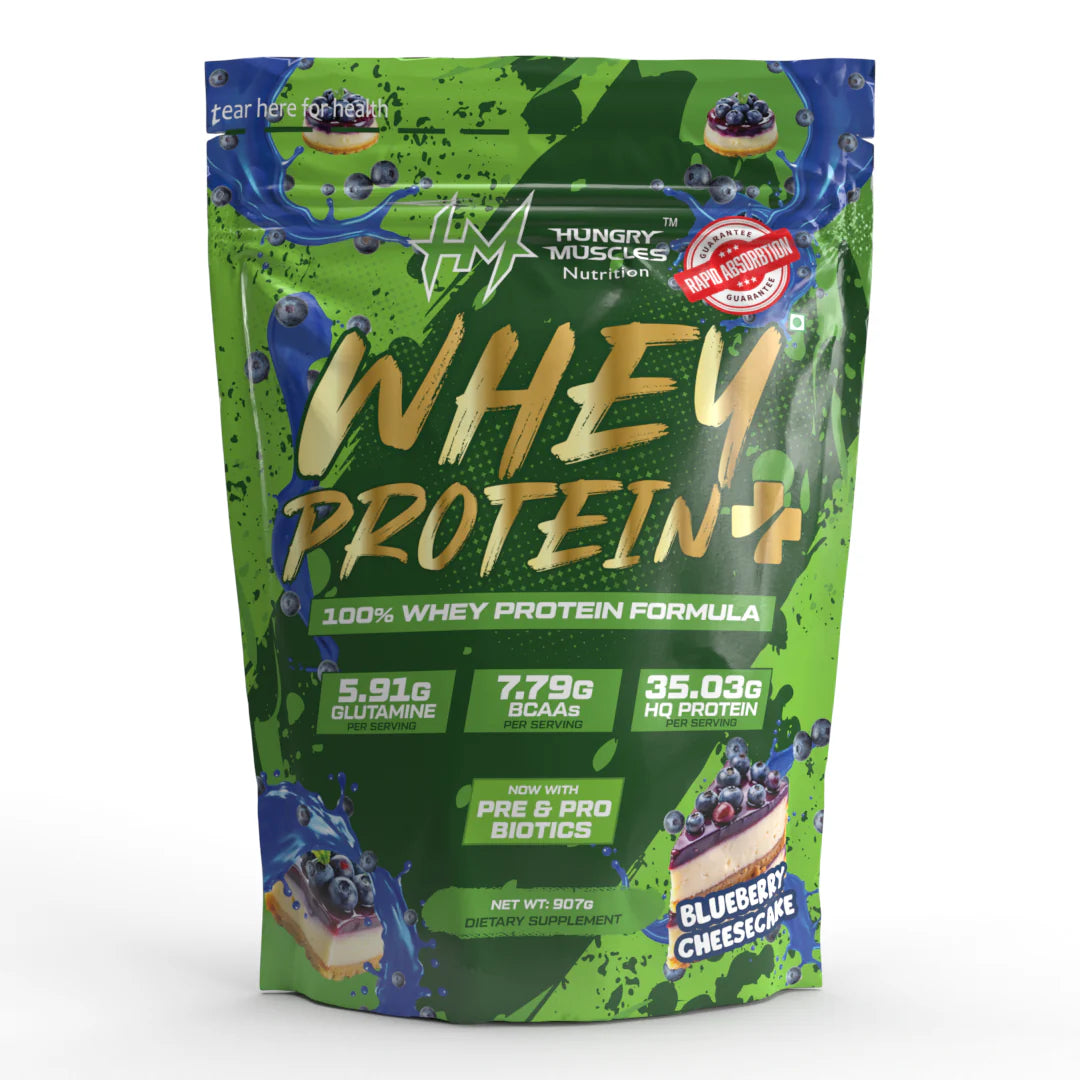 Hungry Muscles | Whey Protein+ Protein Powder | 35.03g Protein, 7.79g Bcaa's, 5.91g Glutamine | 1 kg | Blueberry Cheesecake  | Chocolate Ice-Cream | Salted Caramel