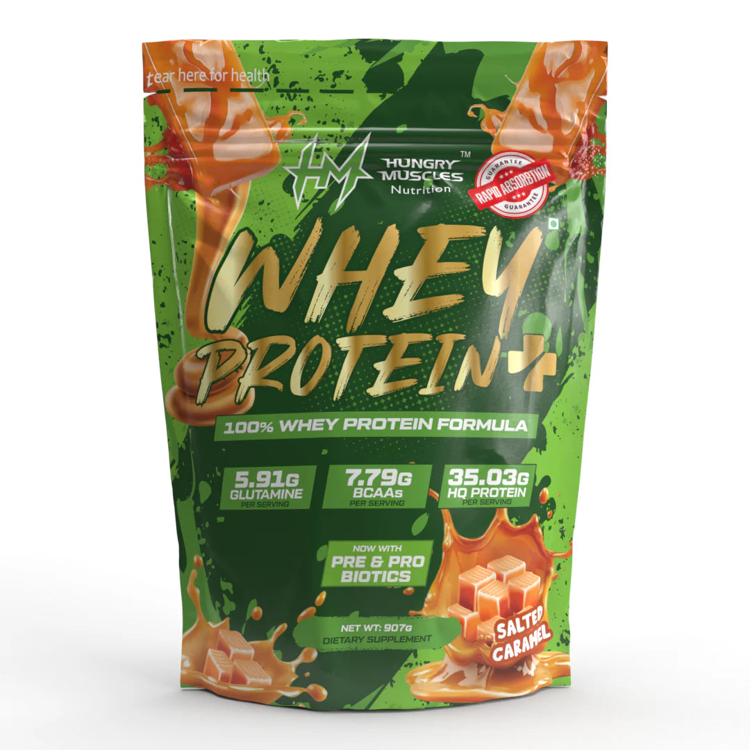 Hungry Muscles | Whey Protein+ Protein Powder | 35.03g Protein, 7.79g Bcaa's, 5.91g Glutamine | 1 kg | Blueberry Cheesecake  | Chocolate Ice-Cream | Salted Caramel
