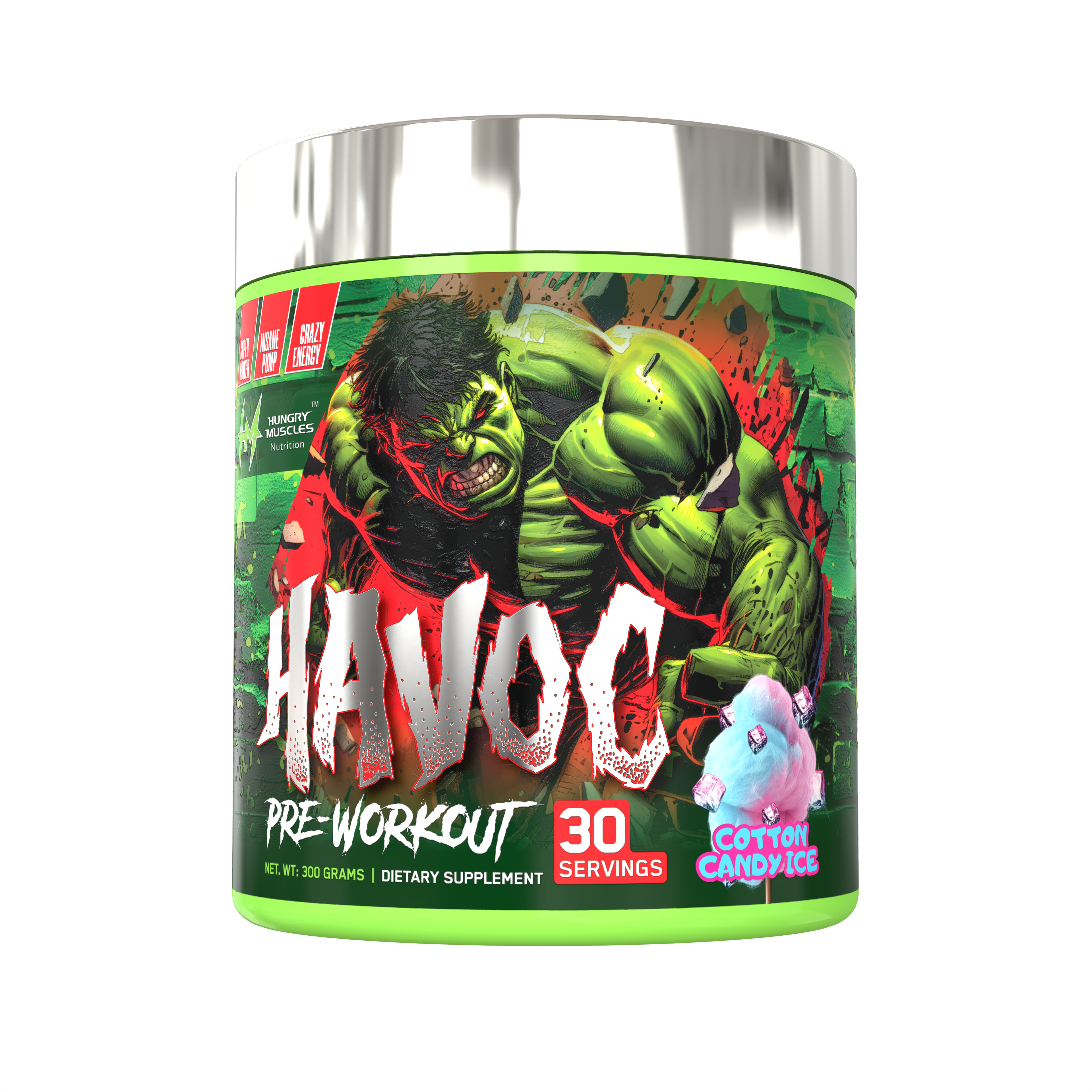 Hungry Muscles  Havoc Pre-Workout Cotton Candy Ice 30 Servings / 300 Grams