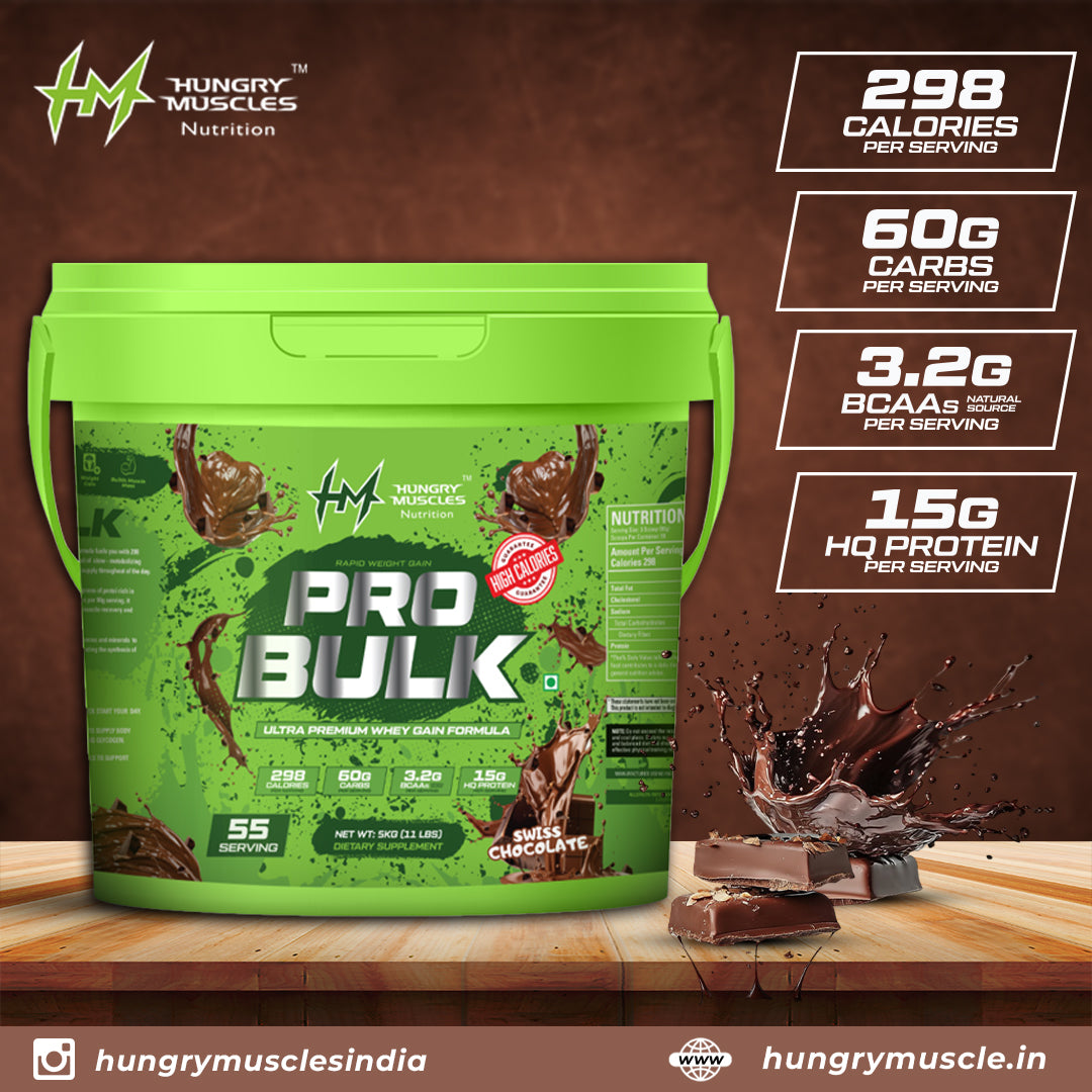 Hungry Muscles | Pro Bulk - Weight Gainer, Healthy Body Gains|Reduces Muscle Breakdown|Increases Energy & Endurance | Swiss Chocolate | 55 Servings | 5KG (11LBS)