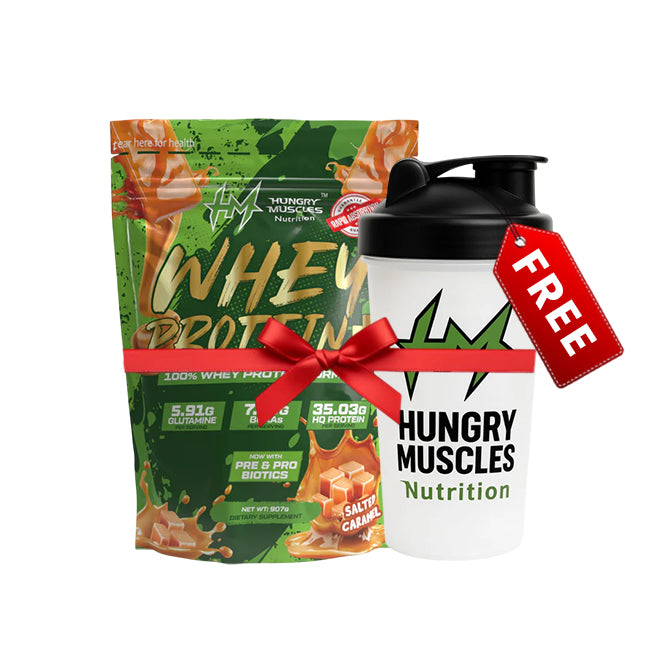 Hungry Muscles | Whey Protein+ Protein Powder | 35.03g Protein, 7.79g Bcaa's, 5.91g Glutamine | Salted Caramel | 1 kg With [Shaker Bottle Free]