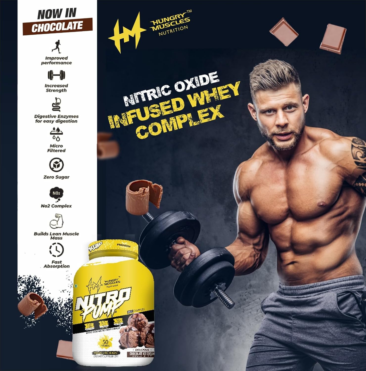 Hungry Muscles Nitro Pump Chocolate Ice Cream Flavoured Whey Protein Supplement, 2 kg (4.4 lbs), 50 Servings