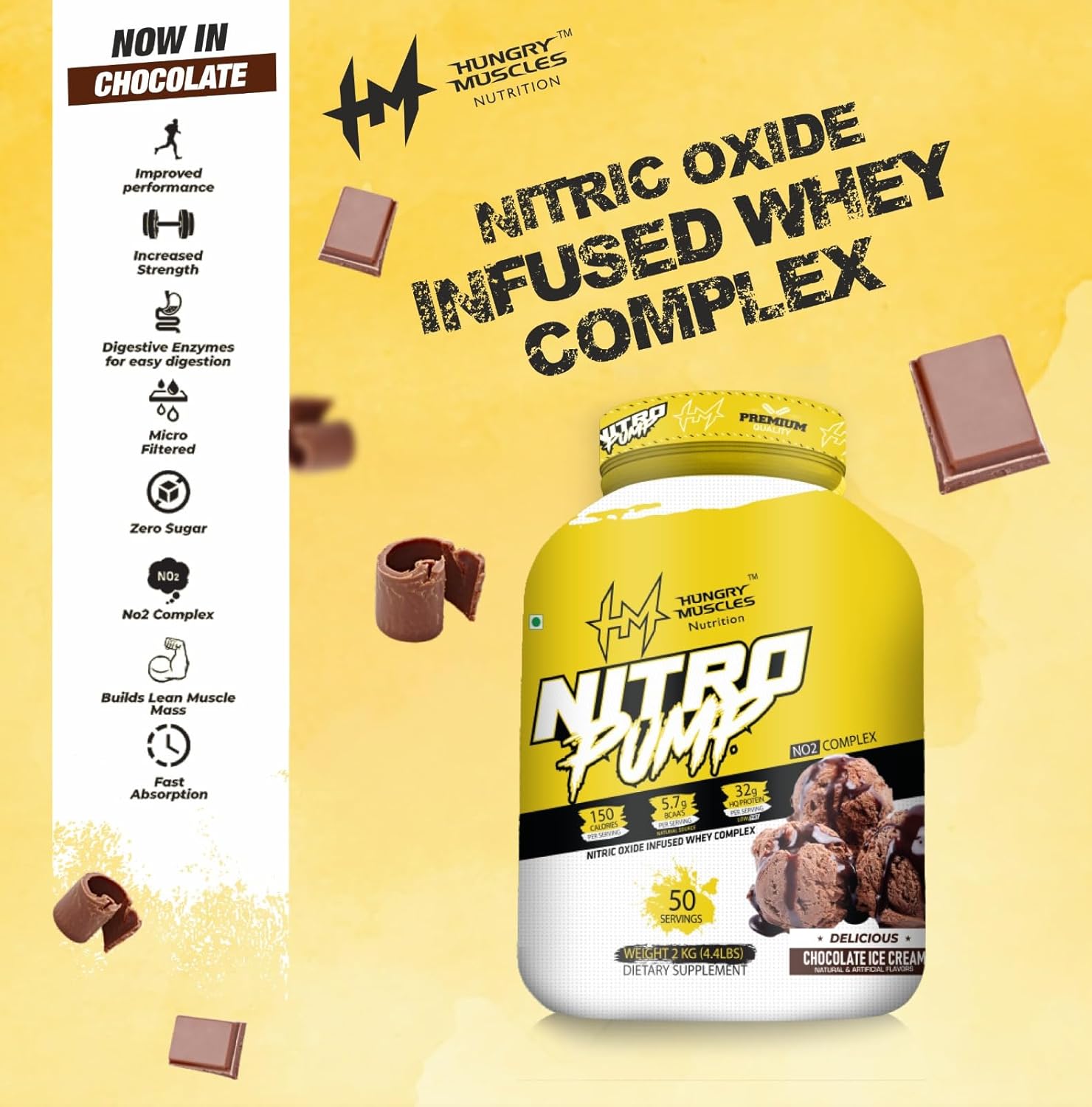 Hungry Muscles Nitro Pump Chocolate Ice Cream Flavoured Whey Protein Supplement, 2 kg (4.4 lbs), 50 Servings