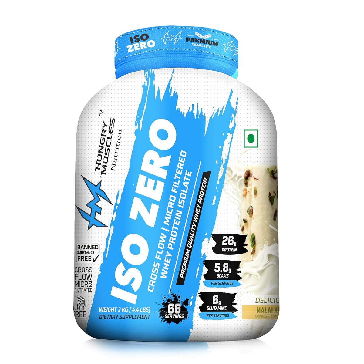 Hungry Muscles ISO Zero, Cross Flow, Micro Filtered Whey Protein Isolate, 26g Protein, 5.89g BCAAs, 6g Glutamine (2 Kg, Malai Kulfi)