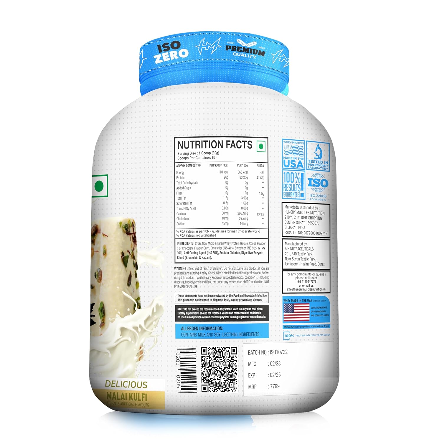 Hungry Muscles ISO Zero, Cross Flow, Micro Filtered Whey Protein Isolate, 26g Protein, 5.89g BCAAs, 6g Glutamine (2 Kg, Malai Kulfi)