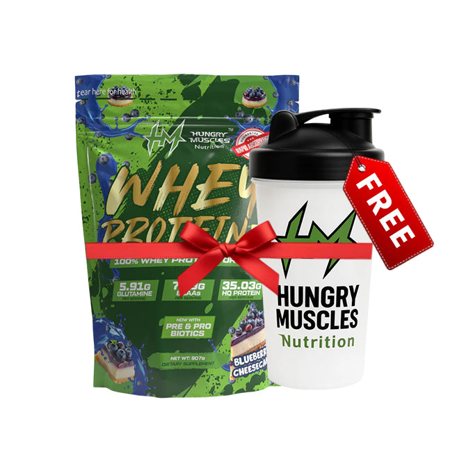 Hungry Muscles | Whey Protein+ Protein Powder | 35.03g Protein, 7.79g Bcaa's, 5.91g Glutamine | Blueberry Cheesecake | 1 kg With [Shaker Bottle Free]