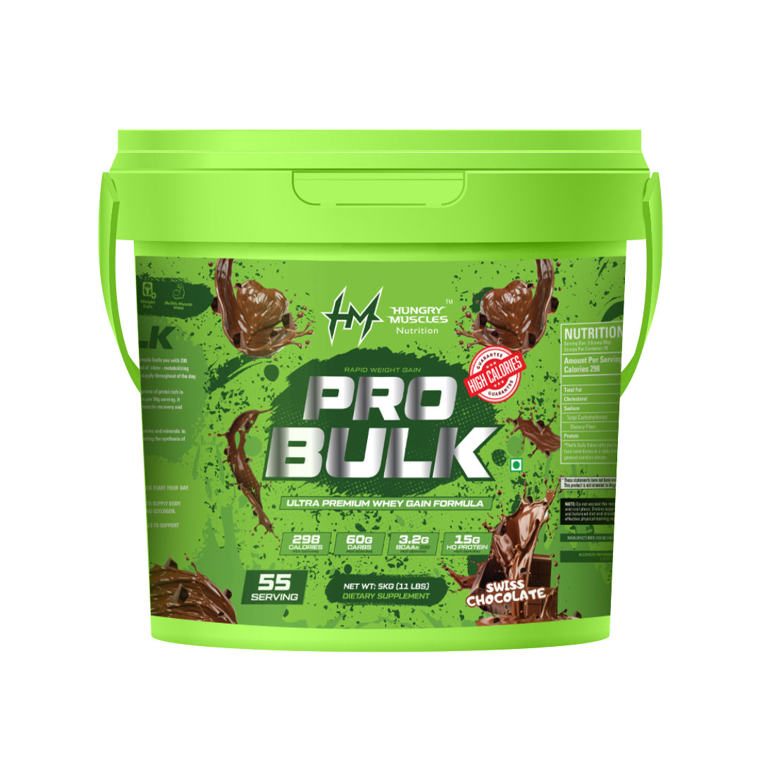 Hungry Muscles | Pro Bulk - Weight Gainer, Healthy Body Gains|Reduces Muscle Breakdown|Increases Energy & Endurance | Swiss Chocolate | 55 Servings | 5KG (11LBS)
