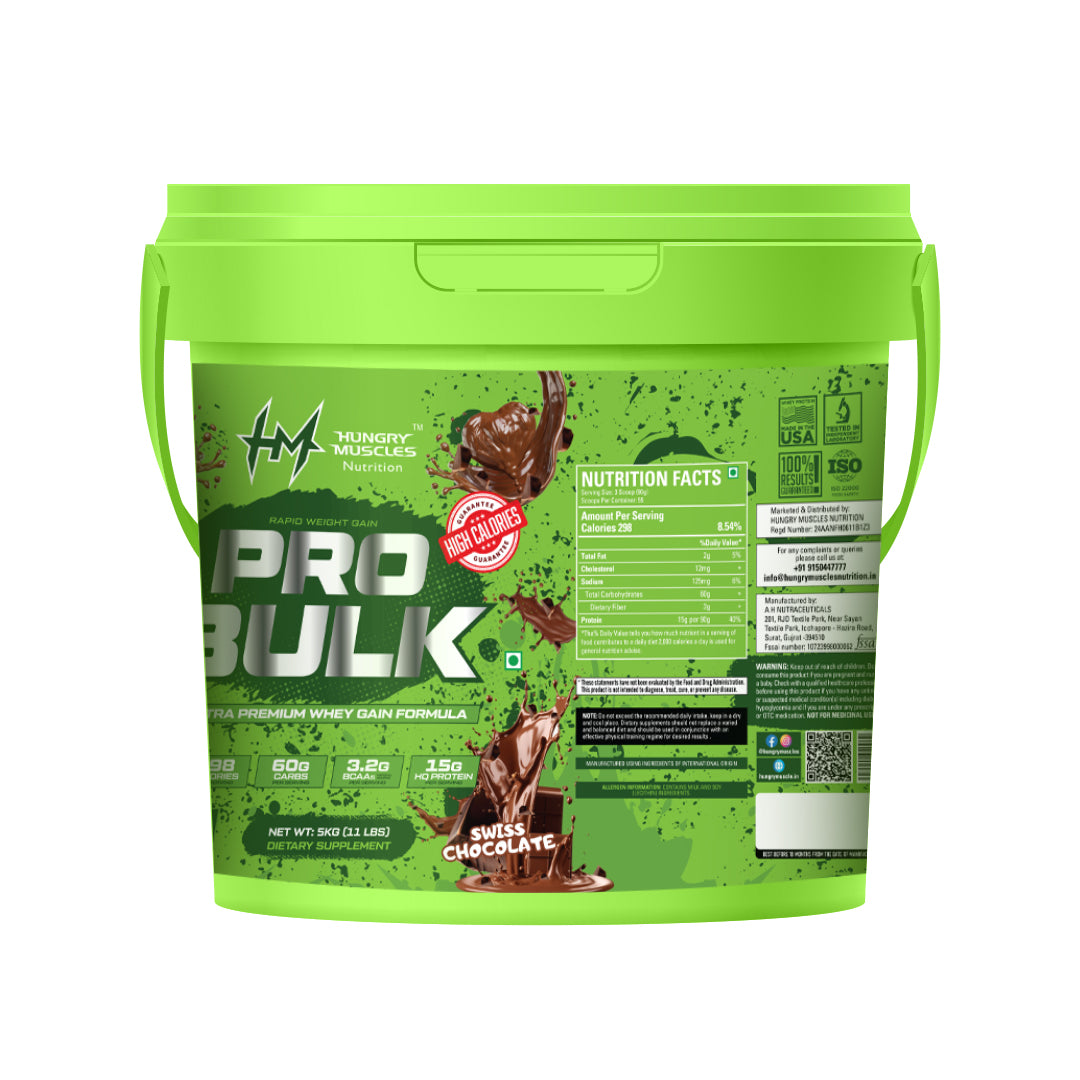 Hungry Muscles | Pro Bulk - Weight Gainer, Healthy Body Gains|Reduces Muscle Breakdown|Increases Energy & Endurance | Swiss Chocolate | 55 Servings | 5KG (11LBS)