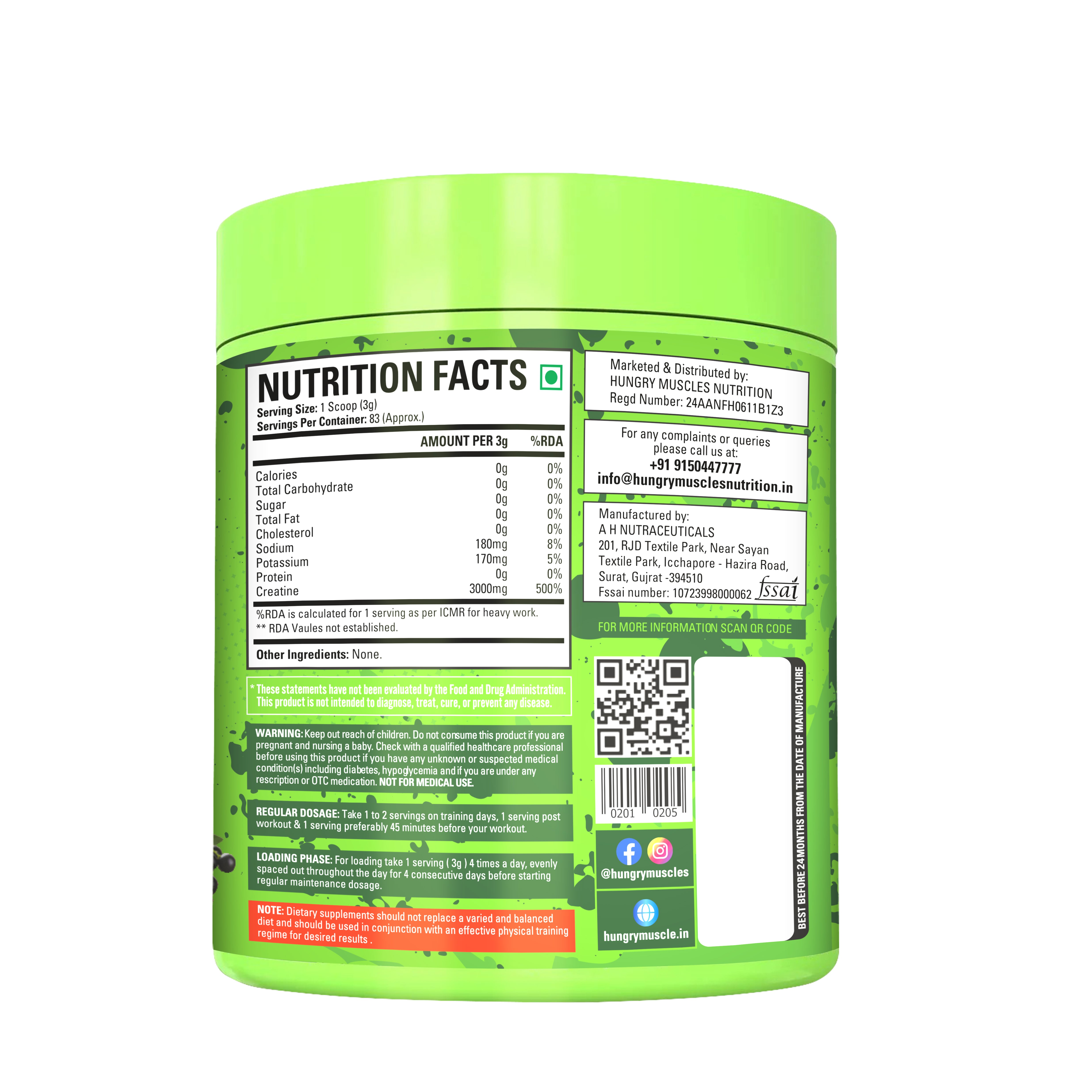 Hungry Muscles Nutrition – Creatine Monohydrate (Black Currant Flavor) | 83 servings | 3000 mg