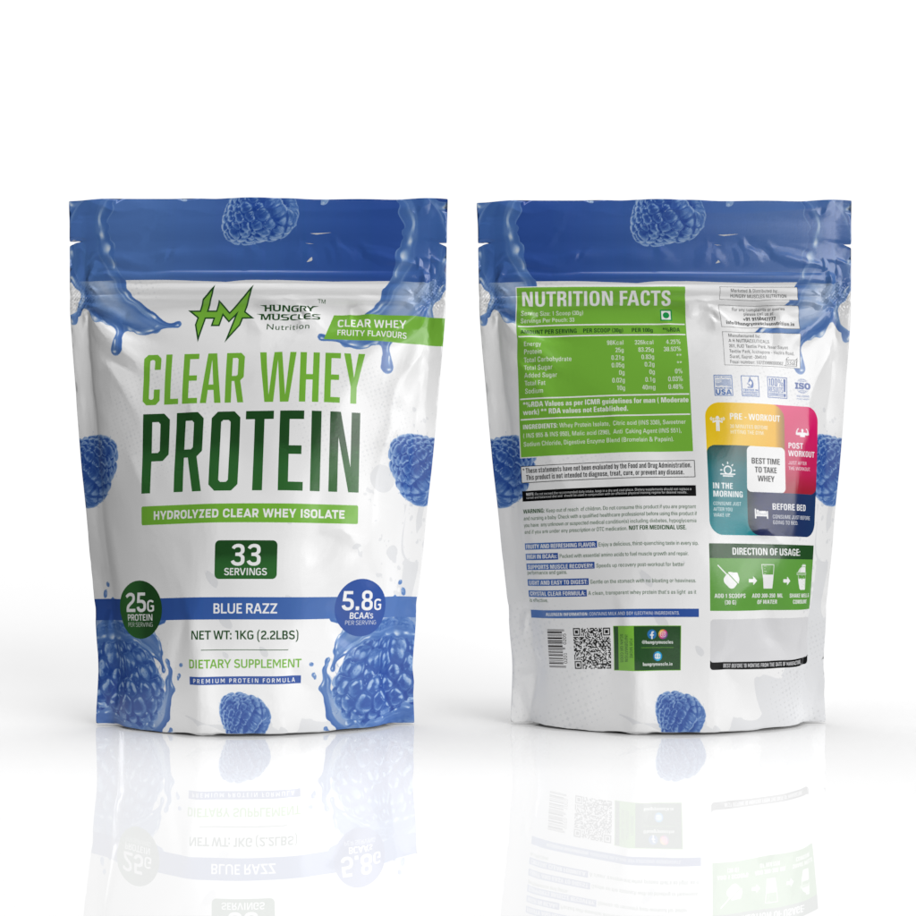 Hungry Muscles| Clear Whey Protein Isolate | 25g Protein, 92 Calories, Per Scoop | Zero Added Sugar | Blue Razz | 33 Servings | 1KG