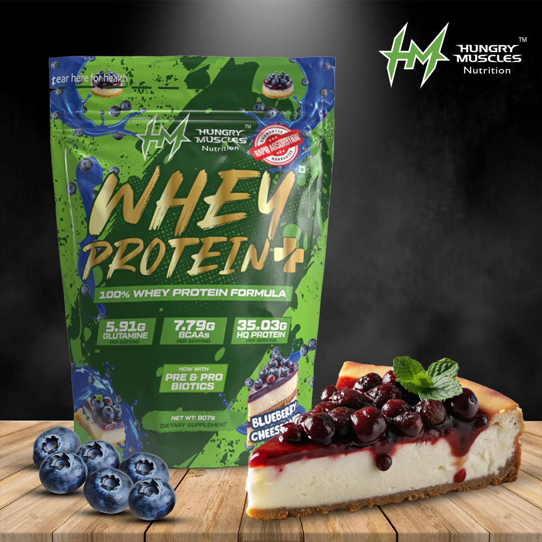 Hungry Muscles | Whey Protein+ Protein Powder | 35.03g Protein, 7.79g Bcaa's, 5.91g Glutamine | 1 kg | Blueberry Cheesecake  | Chocolate Ice-Cream | Salted Caramel