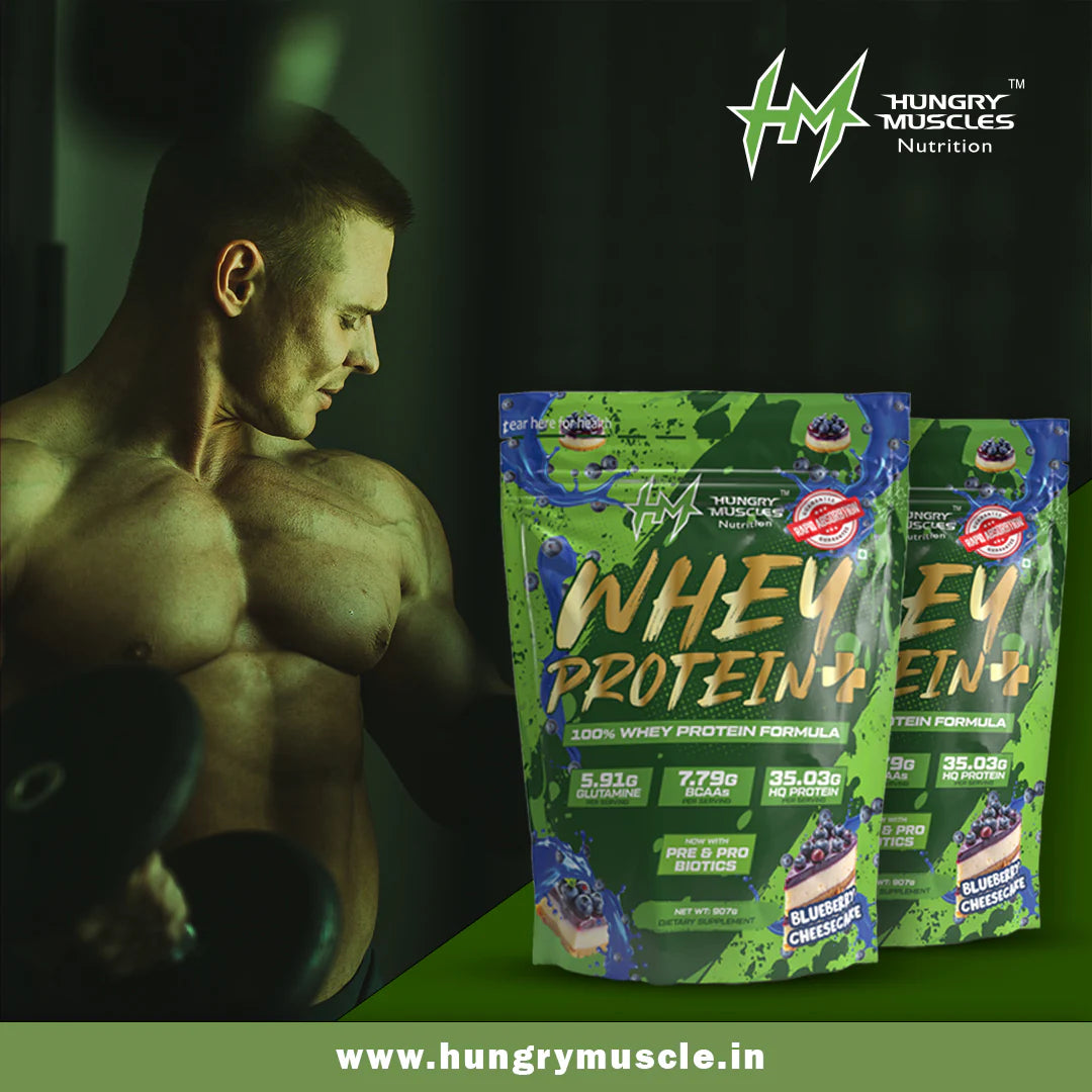 Hungry Muscles | Whey Protein+ Protein Powder | 35.03g Protein, 7.79g Bcaa's, 5.91g Glutamine | 1 kg | Blueberry Cheesecake  | Chocolate Ice-Cream | Salted Caramel