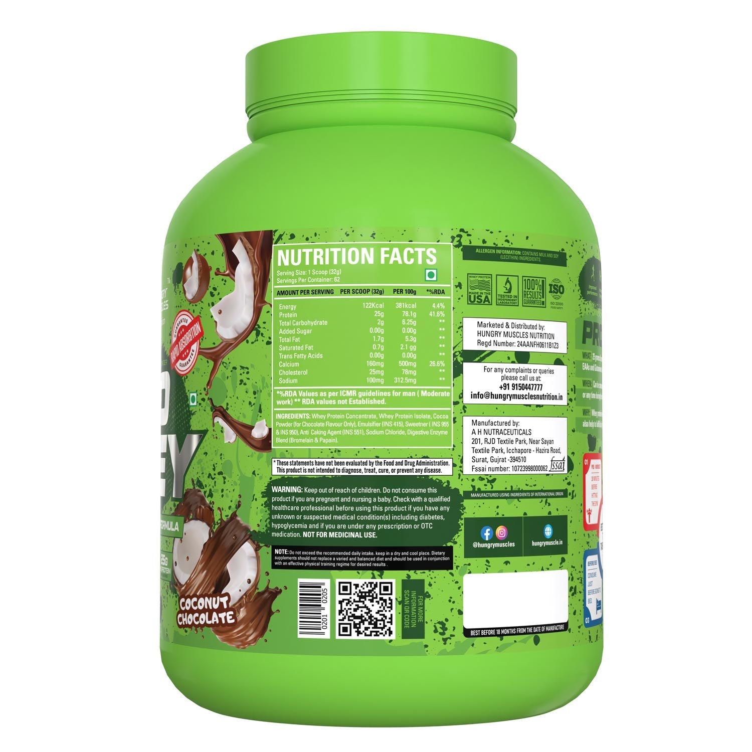 Hungry Muscles Pro Whey - Coconut Chocolate (2kg / 62 Servings) 100% Whey Protein Formula | 25g Protein per Serving | Rapid Absorption Guaranteed