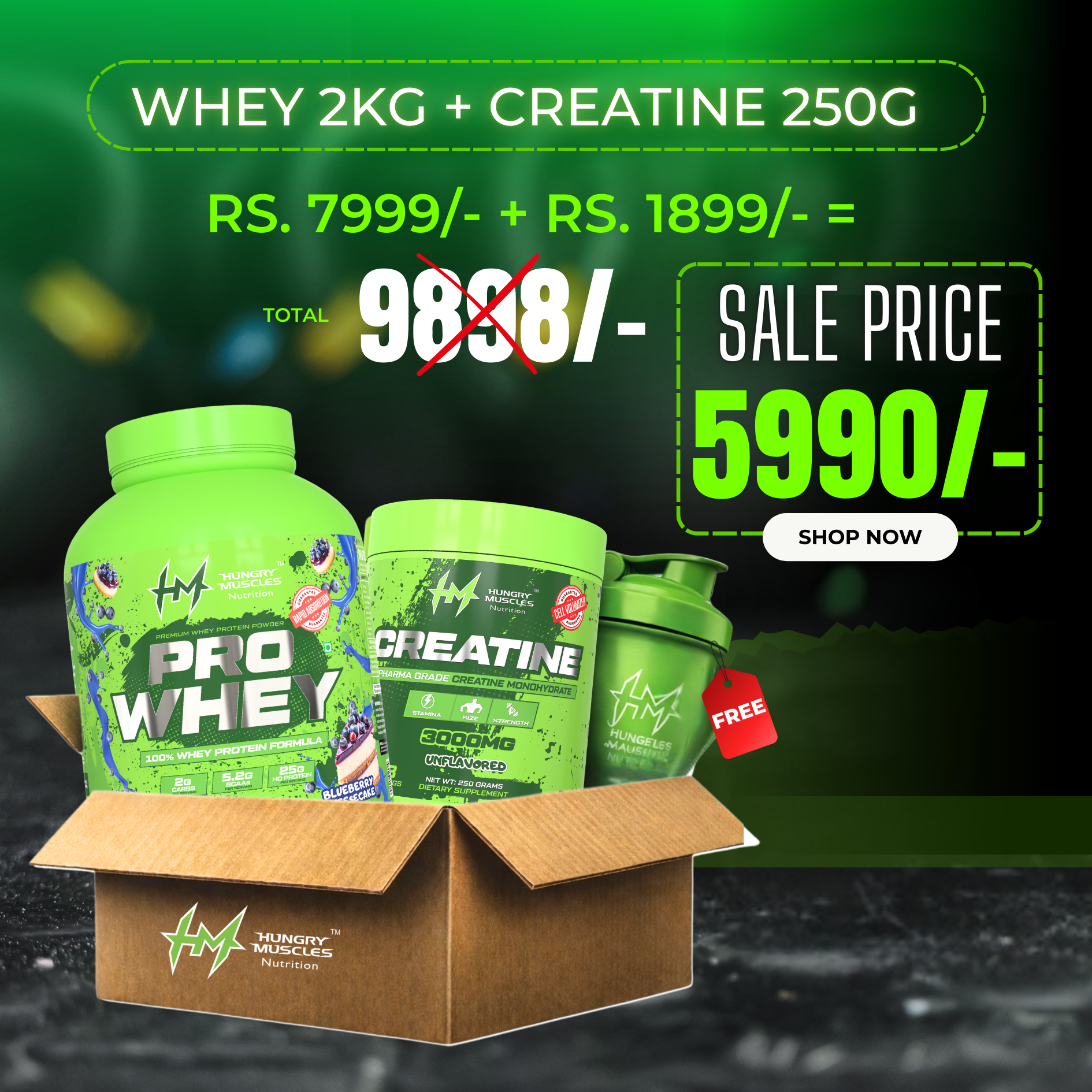 Hungry Muscles Pro Whey 2kg + Creatine 250g Combo – Special Sale @ ₹5990