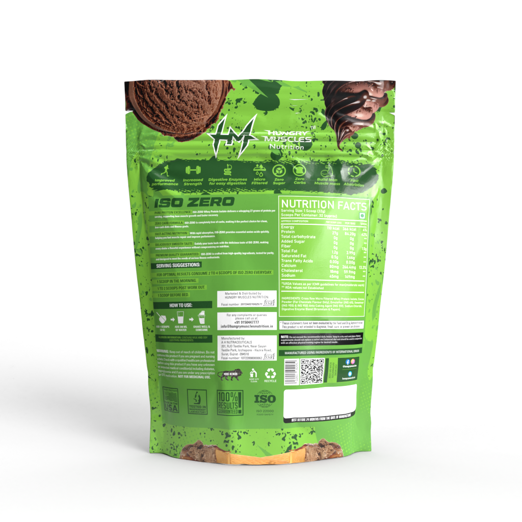 Hungry Muscles ISO ZERO Whey Protein Isolate – 27g Protein, Per Scoop | Zero Added Sugar | 1Kg (32 Servings) | Chocolate Ice Cream