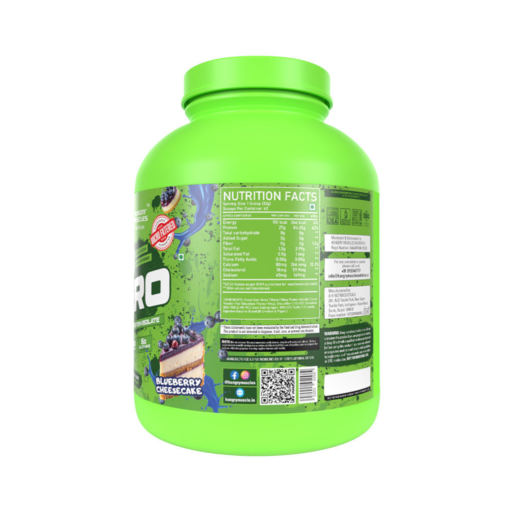 Hungry Muscles ISO ZERO | Whey Protein Isolate – 27g Protein, Per Scoop | Zero Added Sugar |  2kg (62Servings) | Flavors: Blueberry Cheesecake | Chocolate Ice Cream | Salted Caramel