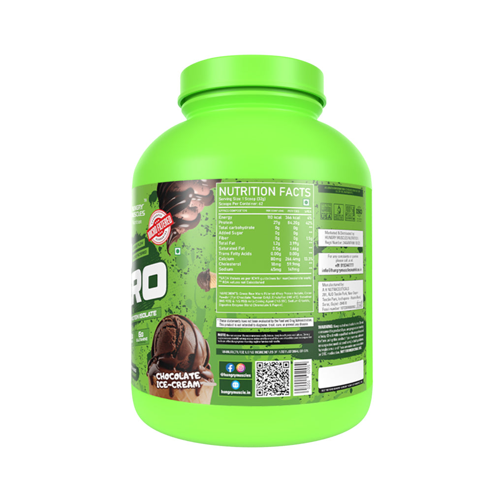 Hungry Muscles ISO ZERO Whey Protein Isolate – 27g Protein, Per Scoop | Zero Added Sugar | 2Kg (62 Servings) | Chocolate Ice Cream