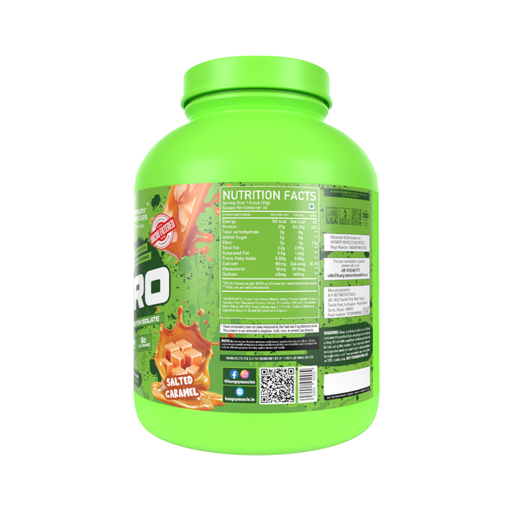 Hungry Muscles ISO ZERO Whey Protein Isolate – 27g Protein, Per Scoop | Zero Added Sugar | 2Kg (62 Servings) | Salted Caramel )