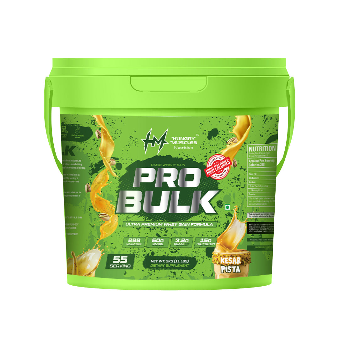 Hungry Muscles | Pro Bulk - Weight Gainer, Healthy Body Gains | Reduces Muscle Breakdown | Increases Energy & Endurance | Kesar Pista | 55 Servings | 5KG (11LBS)
