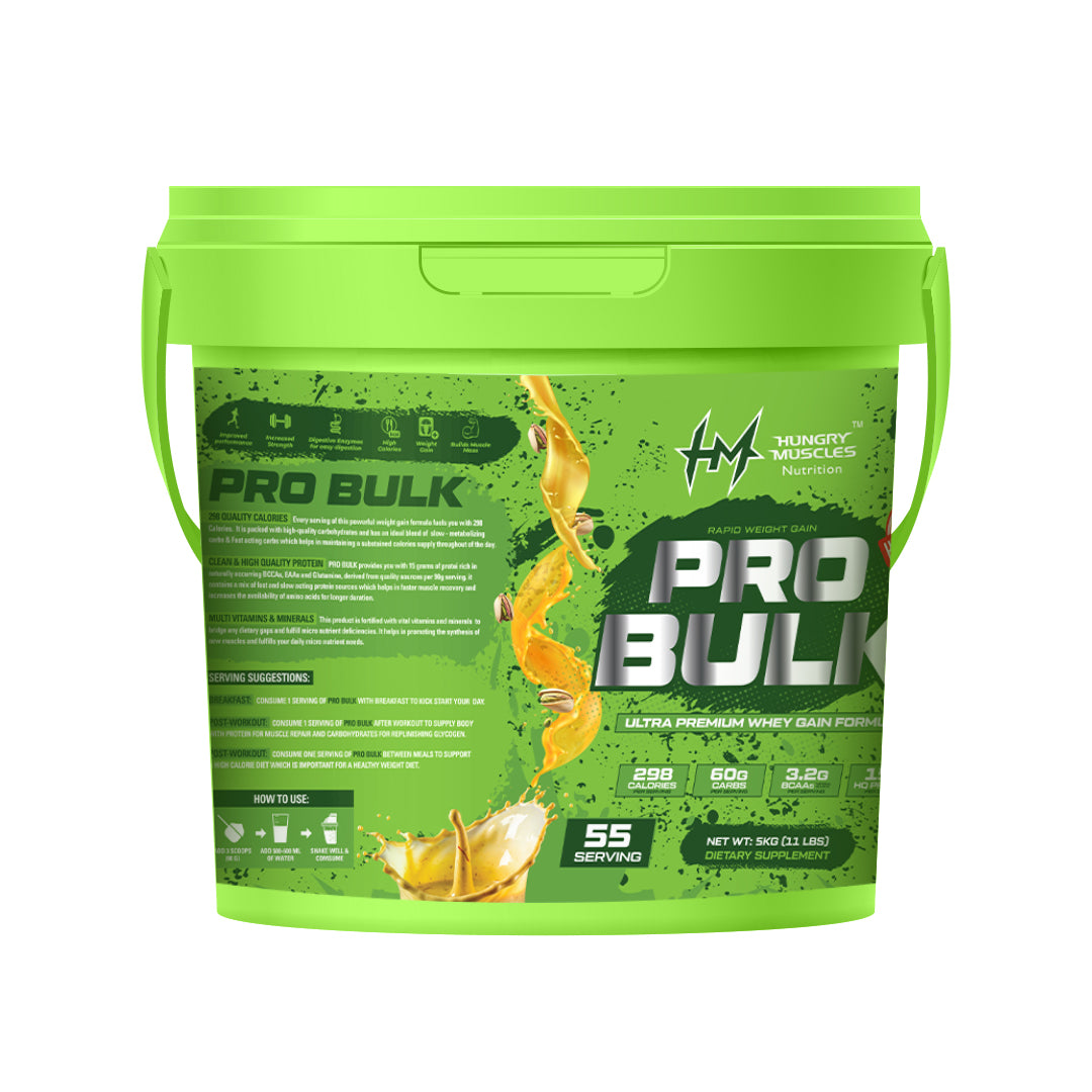 Hungry Muscles | Pro Bulk - Weight Gainer, Healthy Body Gains | Reduces Muscle Breakdown | Increases Energy & Endurance | Kesar Pista | 55 Servings | 5KG (11LBS)