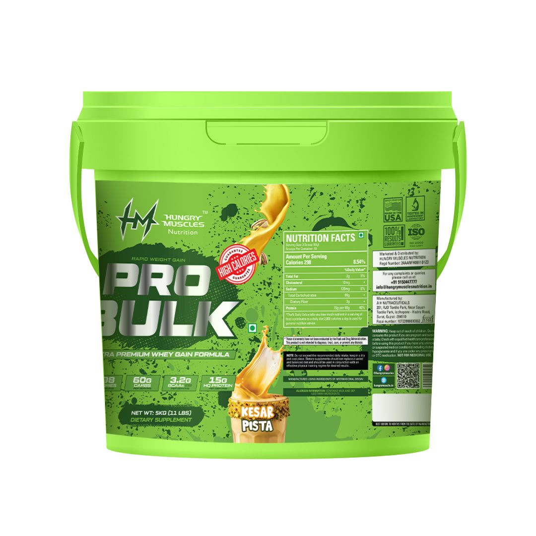 Hungry Muscles | Pro Bulk - Weight Gainer, Healthy Body Gains | Reduces Muscle Breakdown | Increases Energy & Endurance | Kesar Pista | 55 Servings | 5KG (11LBS)