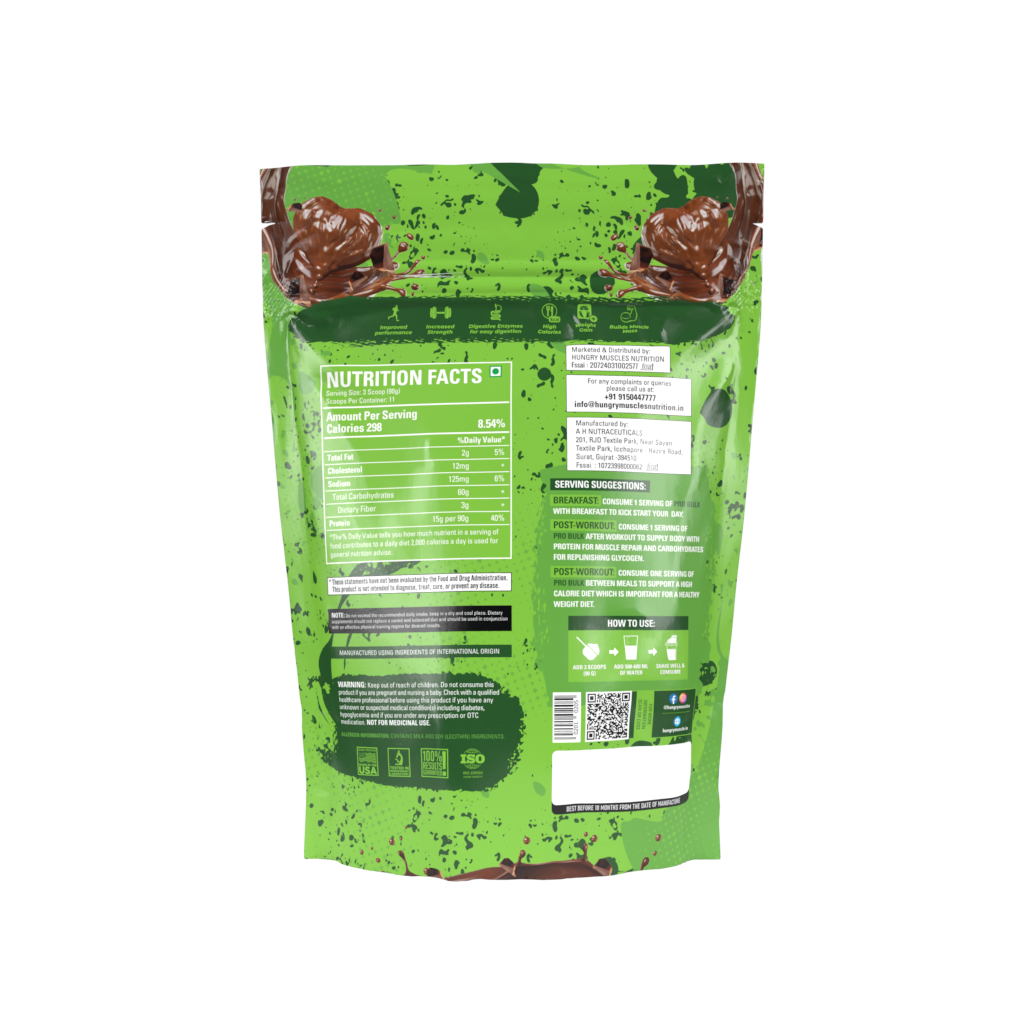 Hungry muscles Pro Bulk Ultra Premium Whey Gain Formula (Swiss Chocolate) 1Kg, 11 Servings, 298 Calories, 60g Carbs, 3.2g BCAAs