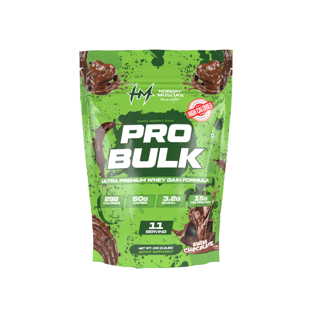 Hungry muscles Pro Bulk Ultra Premium Whey Gain Formula (Swiss Chocolate) 1Kg, 11 Servings, 298 Calories, 60g Carbs, 3.2g BCAAs