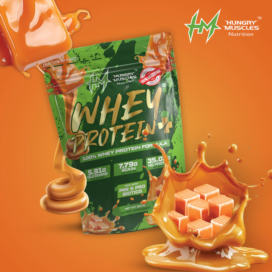 Hungry Muscles | Whey Protein+ Protein Powder | 35.03g Protein, 7.79g Bcaa's, 5.91g Glutamine | 1 kg | Blueberry Cheesecake  | Chocolate Ice-Cream | Salted Caramel