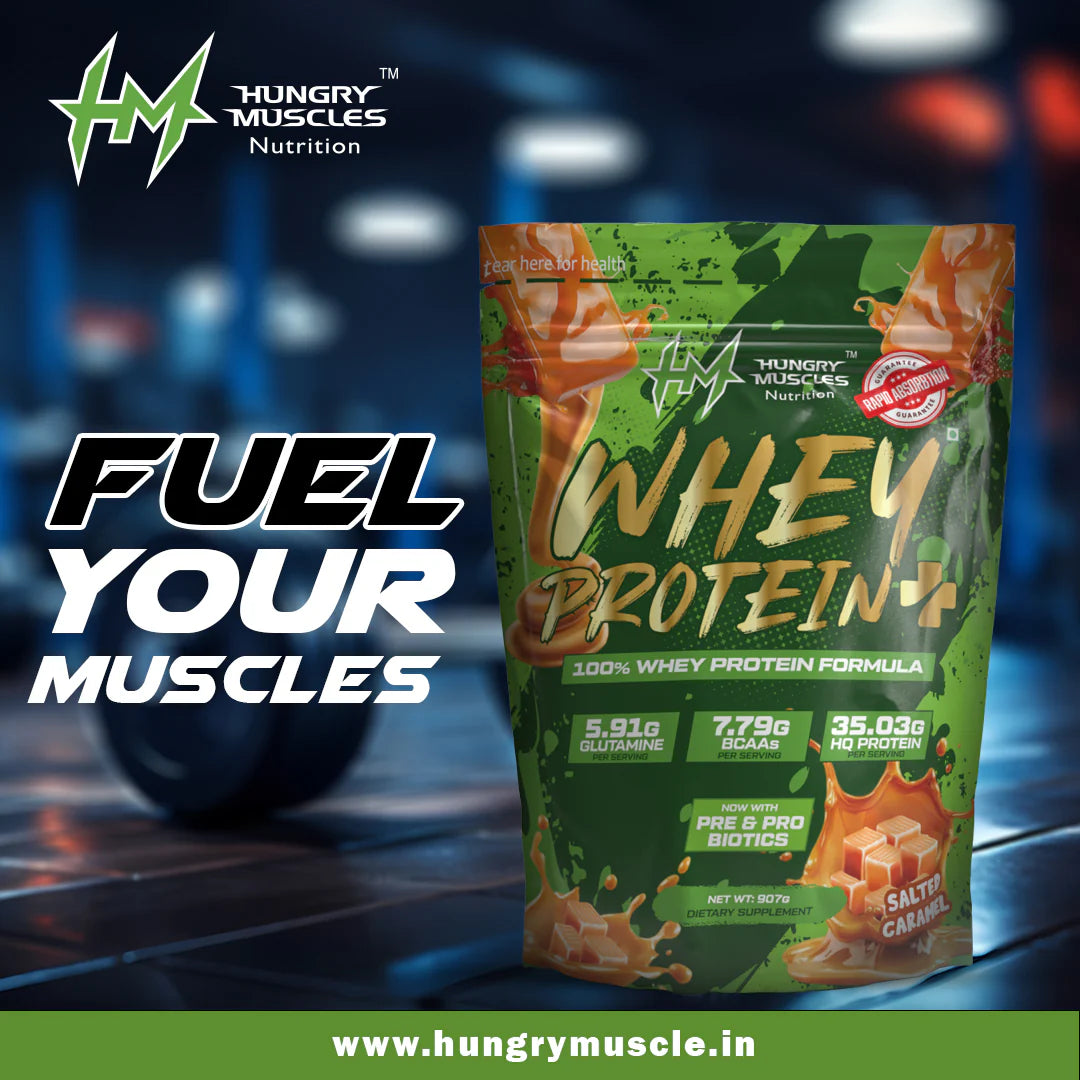 Hungry Muscles | Whey Protein+ Protein Powder | 35.03g Protein, 7.79g Bcaa's, 5.91g Glutamine | 1 kg | Blueberry Cheesecake  | Chocolate Ice-Cream | Salted Caramel