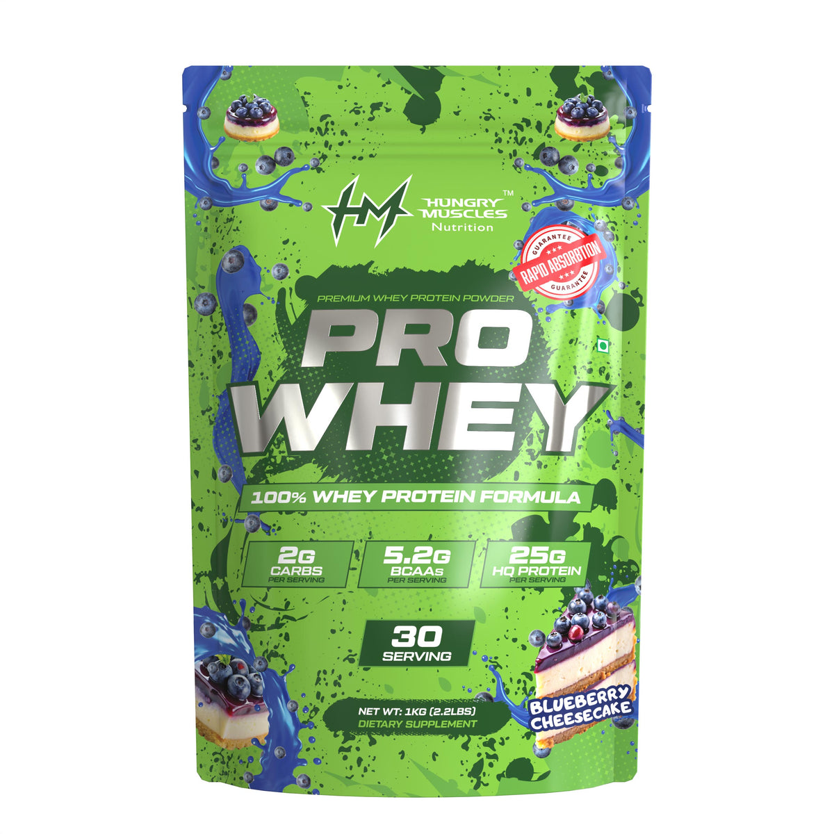 Hungry Muscles Pro Whey Blueberry Cheesecake Pouch 30 Serving 1KG (2.2LBS)