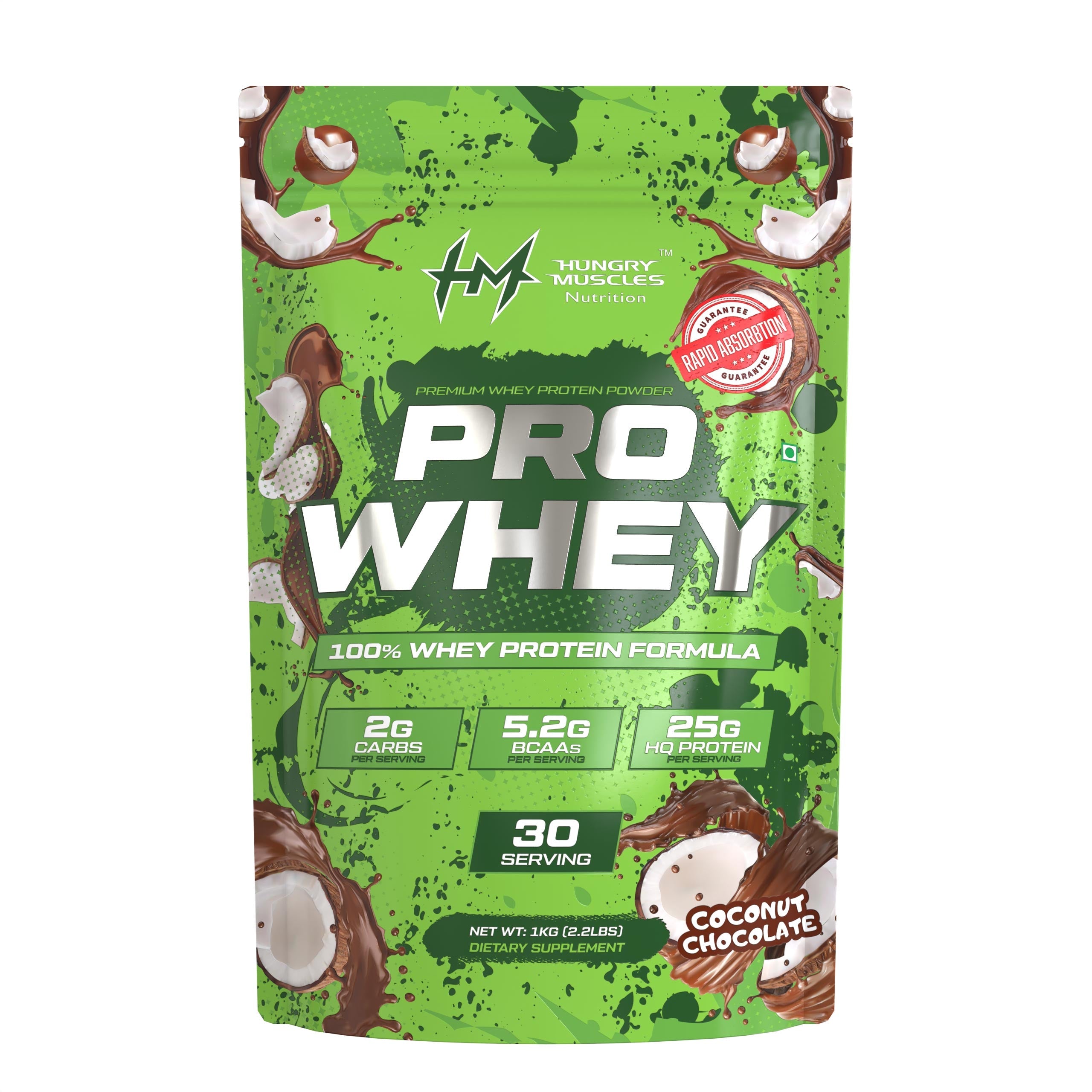 Hungry Muscles Pro Whey - Coconut Chocolate (1kg / 30 Servings) 100% Whey Protein Formula | Rapid Absorption | Premium Quality Protein for Muscle Growth & Recovery
