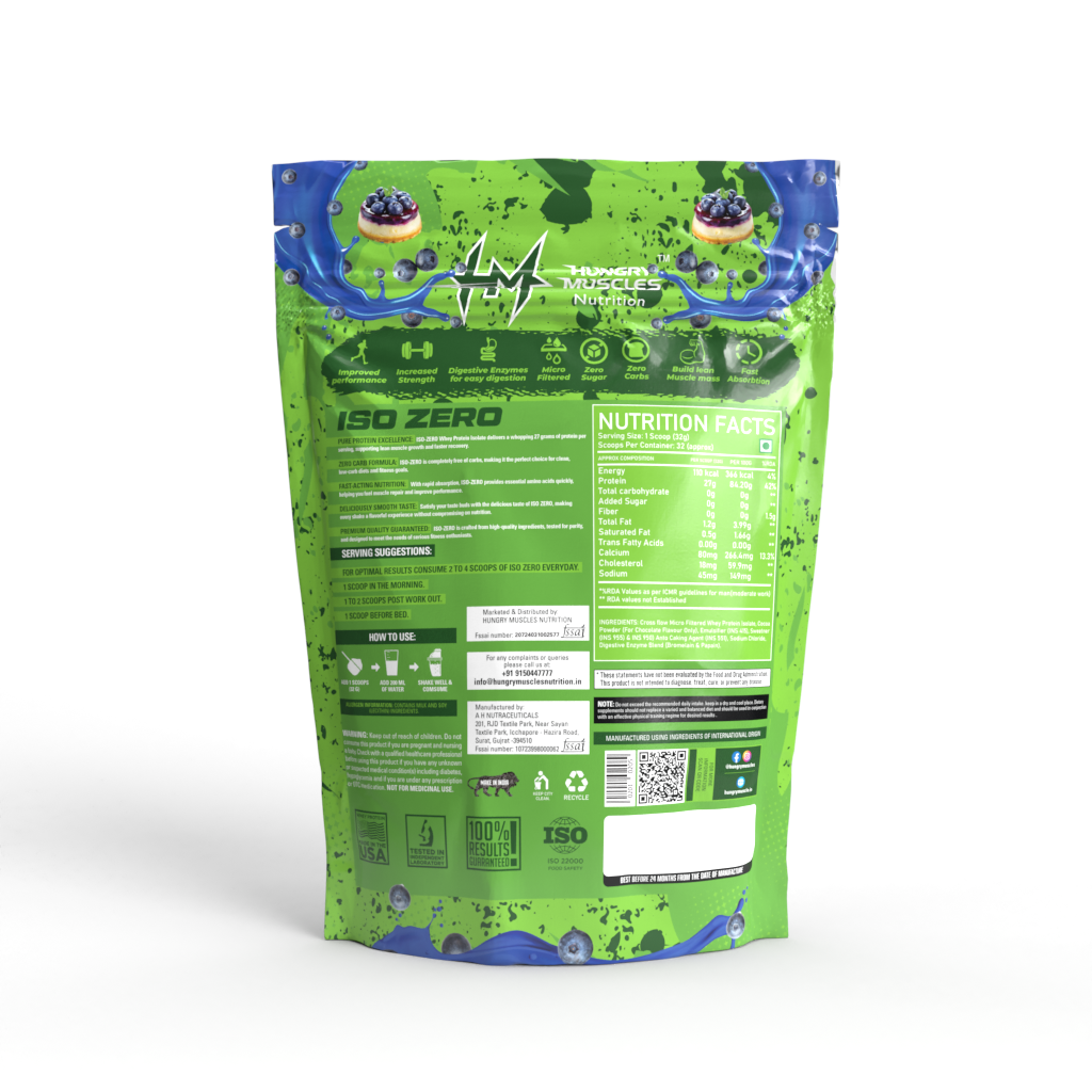 Hungry Muscles ISO ZERO Whey Protein Isolate – 27g Protein, Per Scoop | Zero Added Sugar | 1Kg (32 Servings) | Blueberry Cheesecake