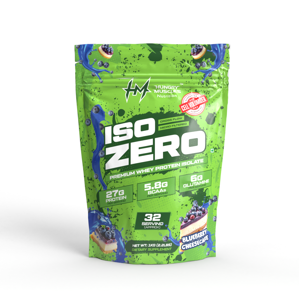 Hungry Muscles ISO ZERO Whey Protein Isolate – 27g Protein, Per Scoop | Zero Added Sugar | 1Kg (32 Servings) | Blueberry Cheesecake