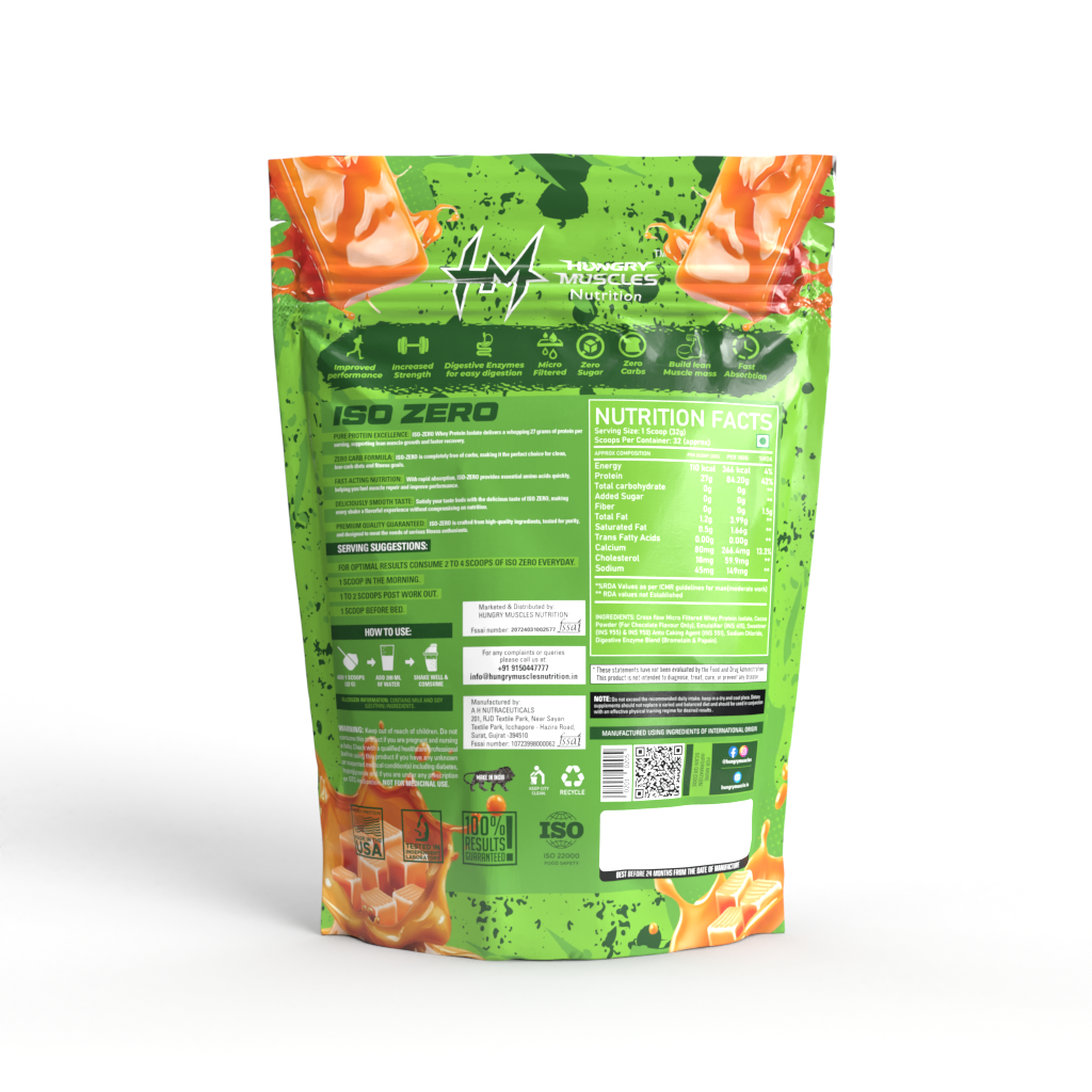 Hungry Muscles ISO ZERO Whey Protein Isolate – 27g Protein, Per Scoop | Zero Added Sugar | 1Kg (32 Servings) | Salted Caramel